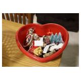 Red Heart dish with Ganz and other ornaments