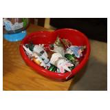 Red Heart dish with Ganz and other ornaments