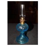 Blue swirl glass miniature oil lamp