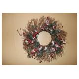 Holiday wreath, 2 lantern style lighted snowmen