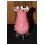 Footed pink and white art glass vase with thorns