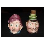 Majolica figural face liquor flask and bank (has