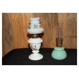 2 Miniature oil lamps - 1 has floral decorations