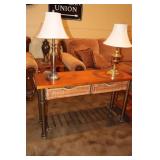 Pine console table with wicker storage baskets 48