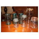 Lot of aqua and clear glass jars including Ball