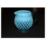 Fenton blue opalescent hobnail small pitcher