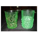 2 Vaseline glass tumblers - 1 Daisy & Button and