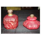 2 Red satin glass oil lamps