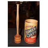 Pure Quaker Oats canister and a wooden masher