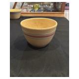 Yellow Ware mixing bowl with pink and blue strips