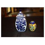 Blue, white & gold porcelain tea leaf jar and a
