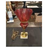 Cranberry lamp with scalloped top and marble base