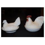 2 Pieces - Milk glass rooster and hen on nest