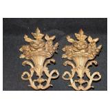 2 Gold metal floral urn wall hanging decorations