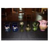 2 Handpainted blue tumblers, green glass tumbler,