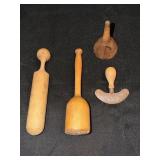 Antique wooden utensils-masher, mezzaluna,