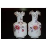 Fenton Burmese satin glass vases with ruffled