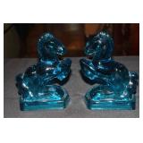 L E Smith blue glass rearing horse bookends