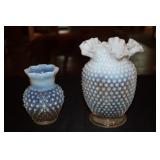 2 Fenton white opalescent hobnail vases with