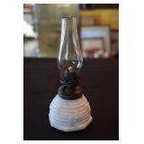 Miniature milk glass bee hive pattern oil lamp