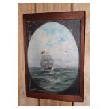 Antique oil painting of sailing ships on canvas