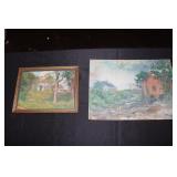 Framed painting on board of landscape scene with