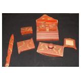 Japanese red laquerware desk set with crane