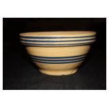 Antique yellow ware mixing bowl with blue stripe