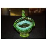 Hand blown vaseline green opalescent glass basket