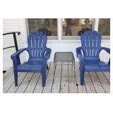 Pair of blue plastic Adirondack chairs and metal