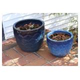 Pair of blue round terracotta planters