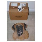 Lot - wood mastiff wall hanging and box of mugs