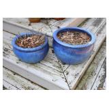Pair of blue round terracotta planters
