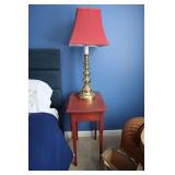 Pine table 18" x 13" x 24 1/2" H and brass lamp