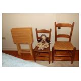 2 Rush bottom chairs, 2 TV trays and a doll