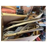 Box lot of old oxen hames, saws and a hand dril