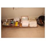 Box lot - linens, roasting pot, tools,