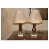 2 Mid Century Modern walnut table lamps on marble
