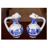 Pair Blue Willow cruets (one top is chipped)