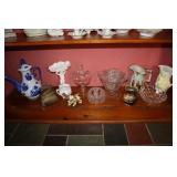 Shelf lot - pitchers, blue coffee pot, center