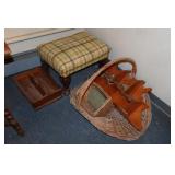 Lot - foot stool, baskets, 2 corner hanging