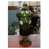 Fostoria green glass coin pattern lidded urn