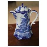 English Flow Blue Chinoiserie chocolate pot