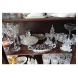 Shelf lot - 8 wine glasses (some chips), basket,
