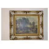 Framed faux oil painting of house in country