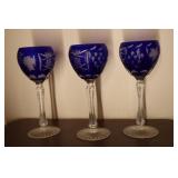 Lot - 3 cobalt blue cut to clear wine glasses