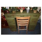 Painted wood desk and chair (contents on top not