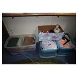 Lot - 3 totes of fabric and box of sewing items