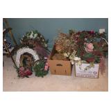 Lot - wreaths, faux flower arrangements, vase and