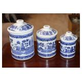 3 Pc Blue Willow canister set marked Japan